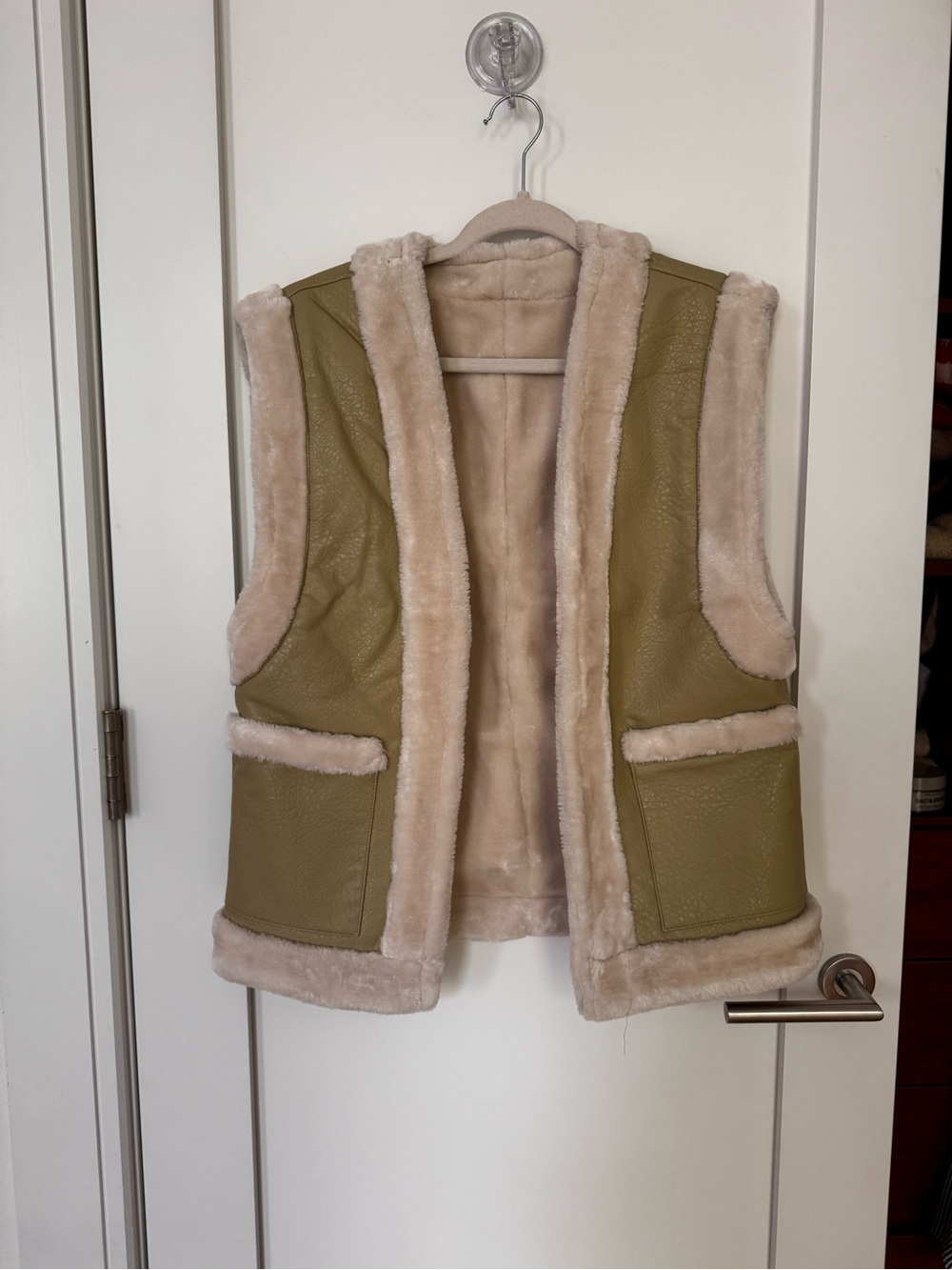 WeWoreWhat Olive Green and Cream Faux Shearling Vest